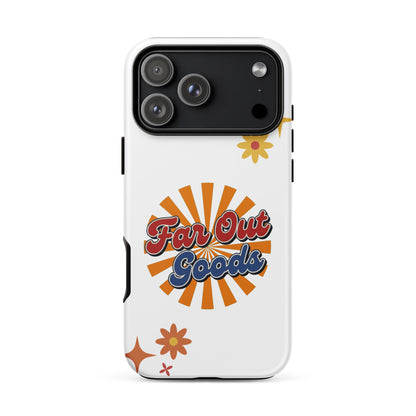 Far Out Goods logo in red and blue script over a bright 1970s sunset sunburst background on an iPhone case.