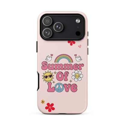Product moRetro "Summer of Love" design with pink bubble letters, a rainbow, peace sign, and smiling daisy on a black iPhone case.ckup