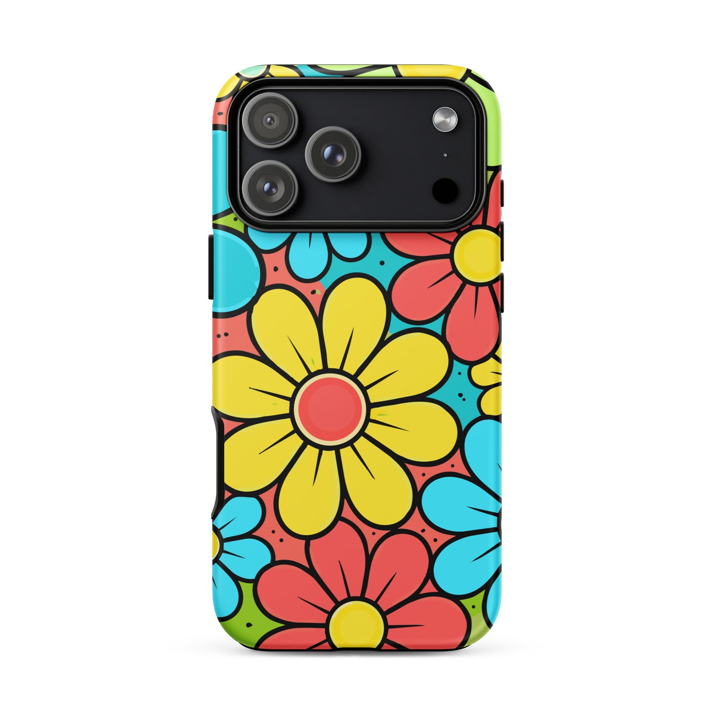 Vibrant retro 70s flower power pattern with teal, yellow, and lime blossoms on a protective iPhone case.
