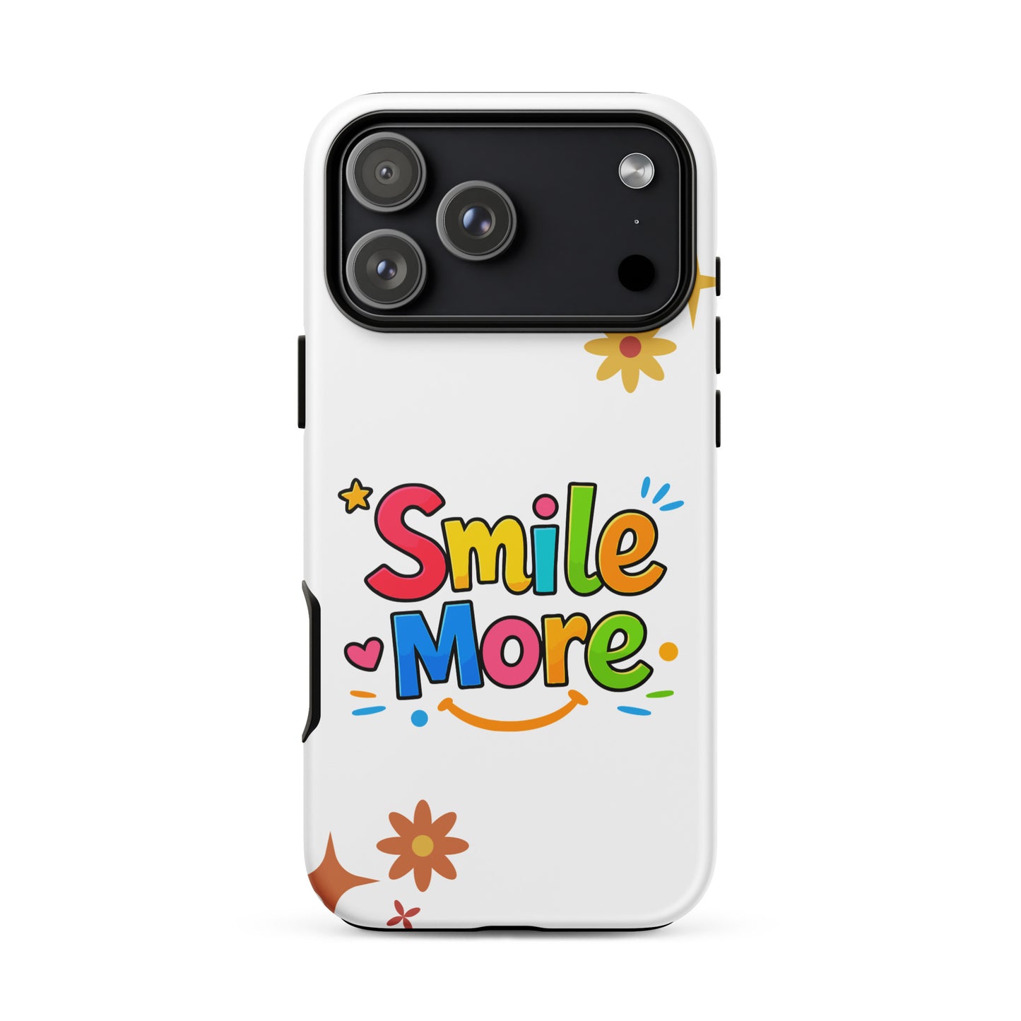 Smile More, bubbly lettering with a yellow sun-smile and pink heart on a black protective iPhone case