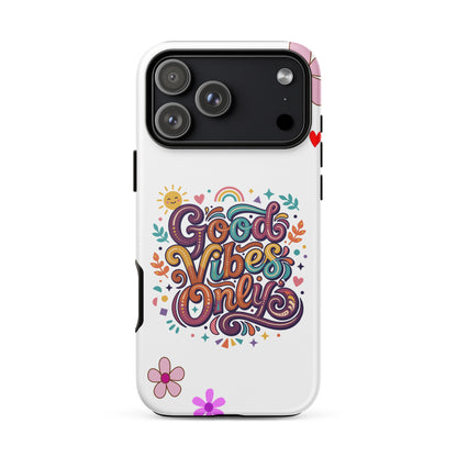 Vibrant iPhone case with 'Good Vibes Only' groovy text, rainbow, sun, and stars in a 70s psychedelic style.
