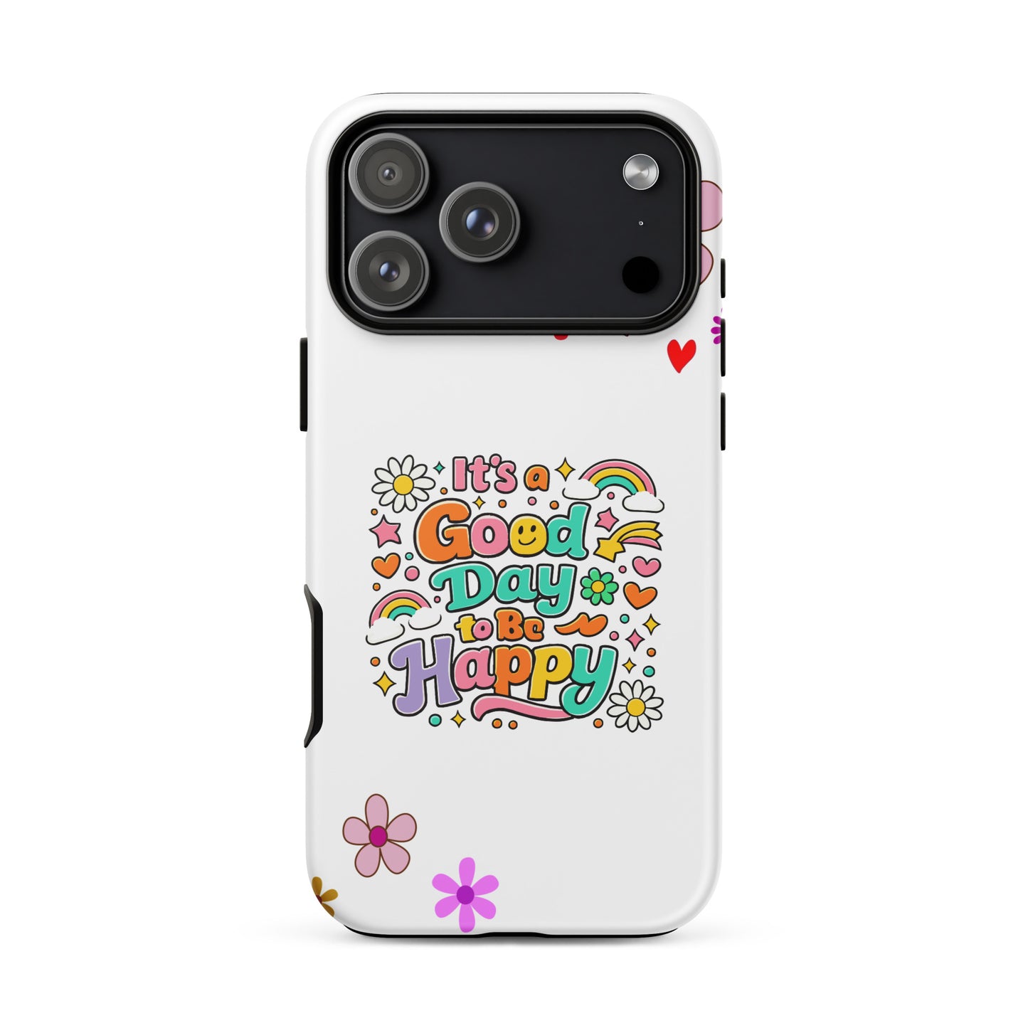 Product moRetro colorful typography saying It’s a Good Day to Be Happy with rainbows and daisies on a black iPhone case.ckup