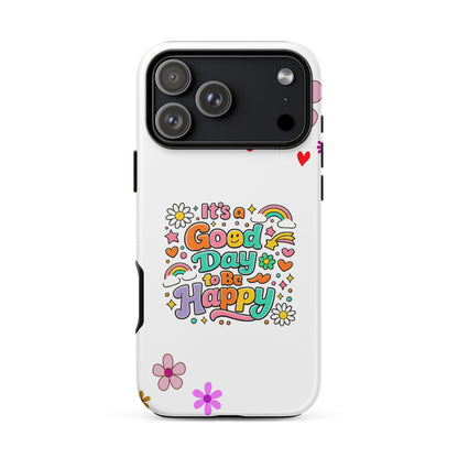 Product moRetro colorful typography saying It’s a Good Day to Be Happy with rainbows and daisies on a black iPhone case.ckup