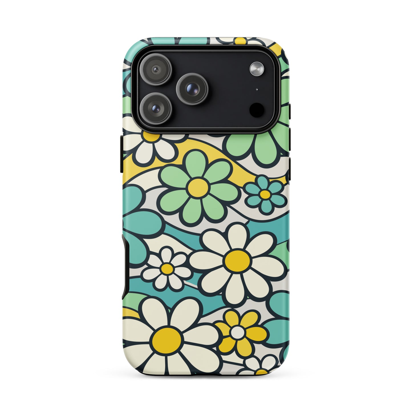 Protective iPhone case featuring a seamless 70s retro floral pattern with teal and yellow daisies and wavy lines.