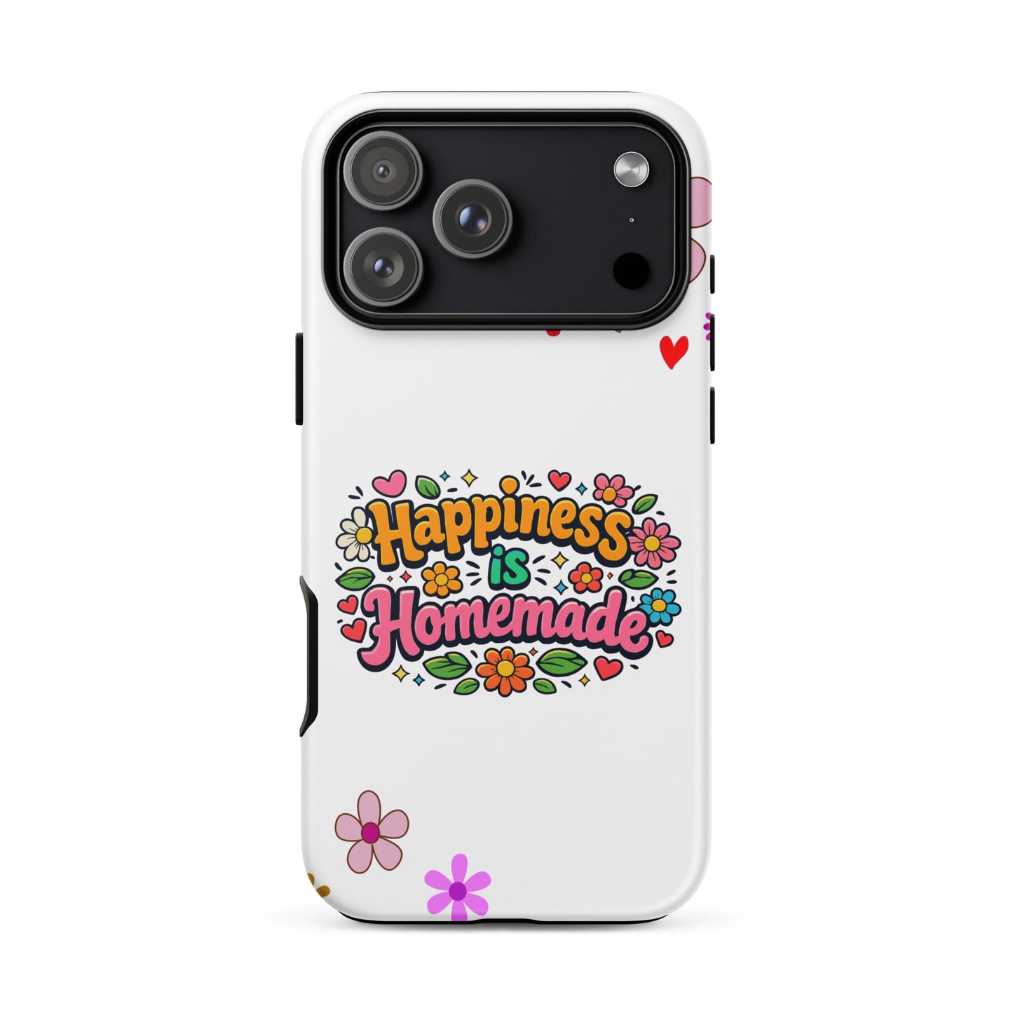 Groovy iPhone case featuring 'Happiness is Homemade' text with 1970s style flowers and hearts on a black background.