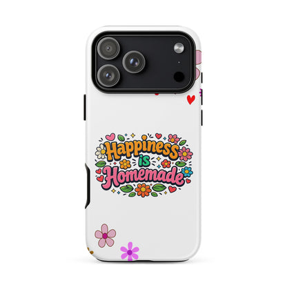 Groovy iPhone case featuring 'Happiness is Homemade' text with 1970s style flowers and hearts on a black background.
