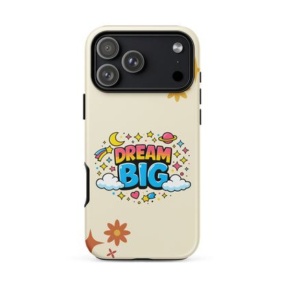 Vibrant Dream Big text with stars and planets in a retro 70s cosmic style on a black iPhone case.
