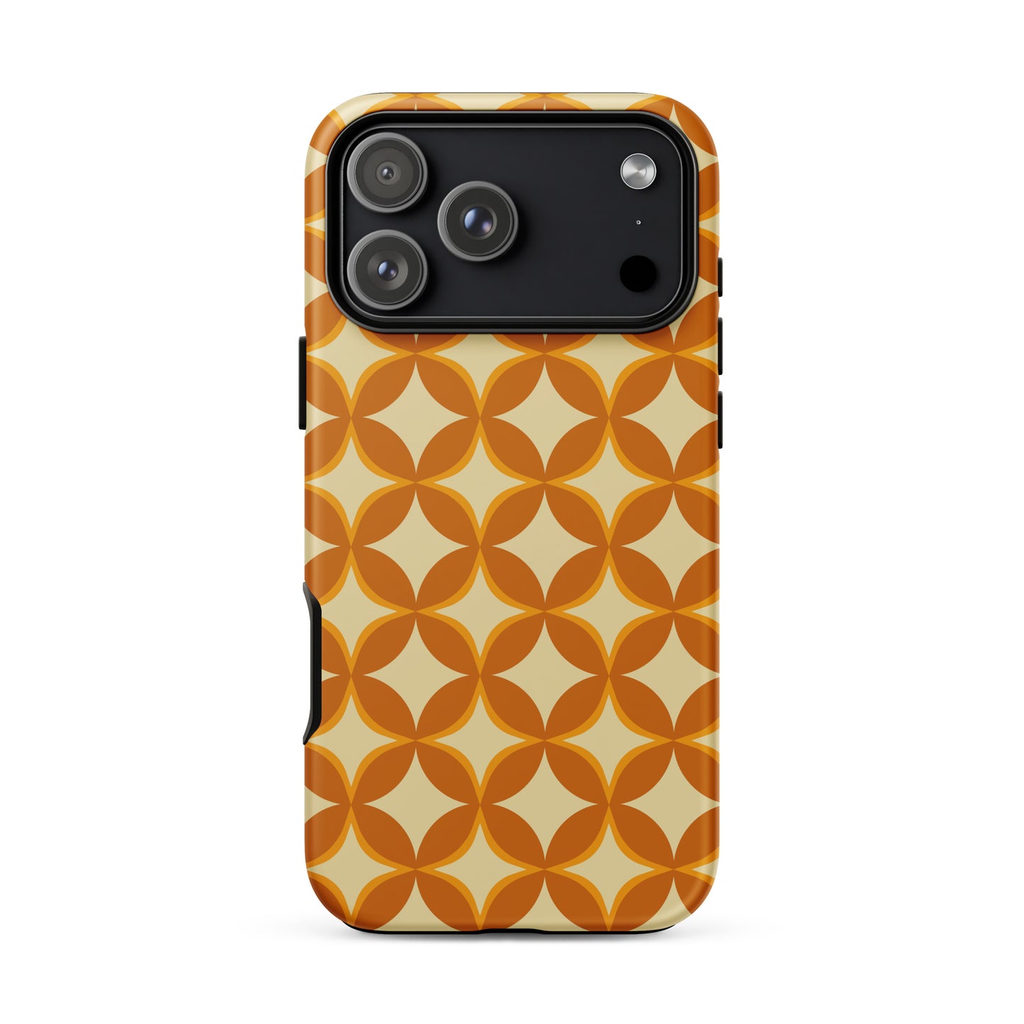 Protective iPhone case featuring a 1970s retro geometric pattern of interlocking orange and mustard petal shapes.