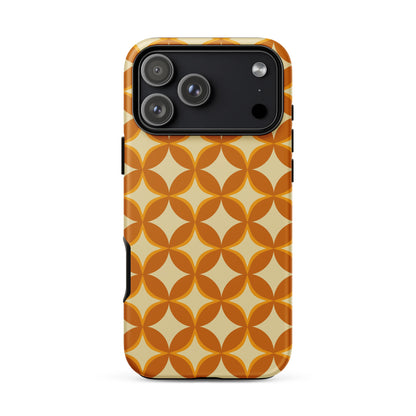 Protective iPhone case featuring a 1970s retro geometric pattern of interlocking orange and mustard petal shapes.