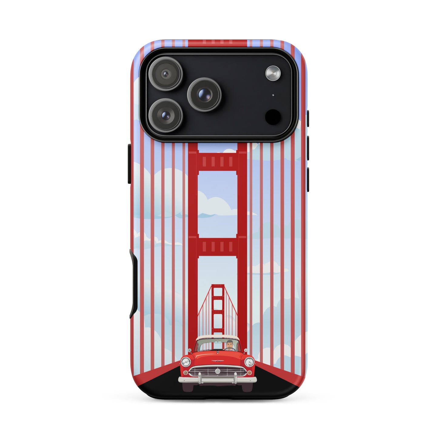 Minimalist illustration of a classic red car driving through the Golden Gate Bridge on an iPhone case
