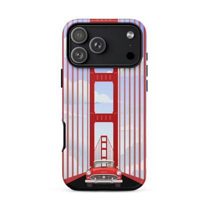 Minimalist illustration of a classic red car driving through the Golden Gate Bridge on an iPhone case