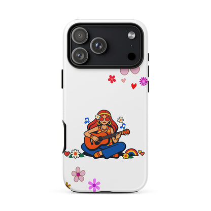 Retro illustration of a hippie girl with sunglasses playing guitar, featured on a protective iPhone case design.