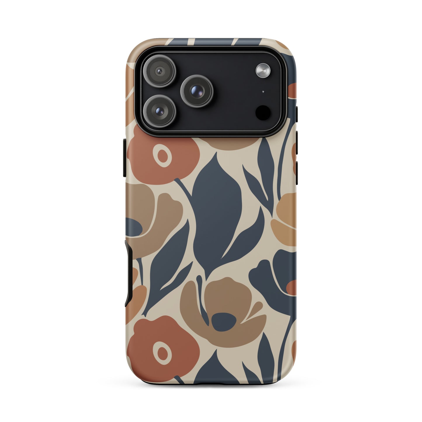 Protective TPU iPhone case featuring a seamless retro floral print in terracotta, ochre, and deep navy blue.