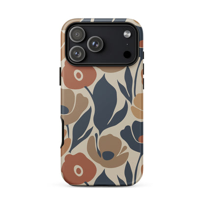 Protective TPU iPhone case featuring a seamless retro floral print in terracotta, ochre, and deep navy blue.
