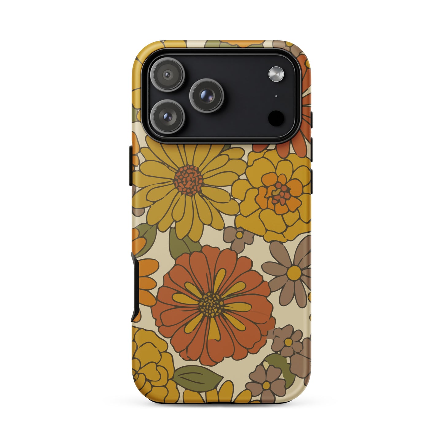 A flexible TPU iPhone case featuring a seamless retro groovy floral pattern with warm orange, yellow, and cream daisies.