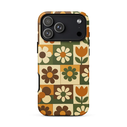 TPU iPhone case featuring a 1970s retro floral tile pattern in orange, brown, and green by Far Out Goods.