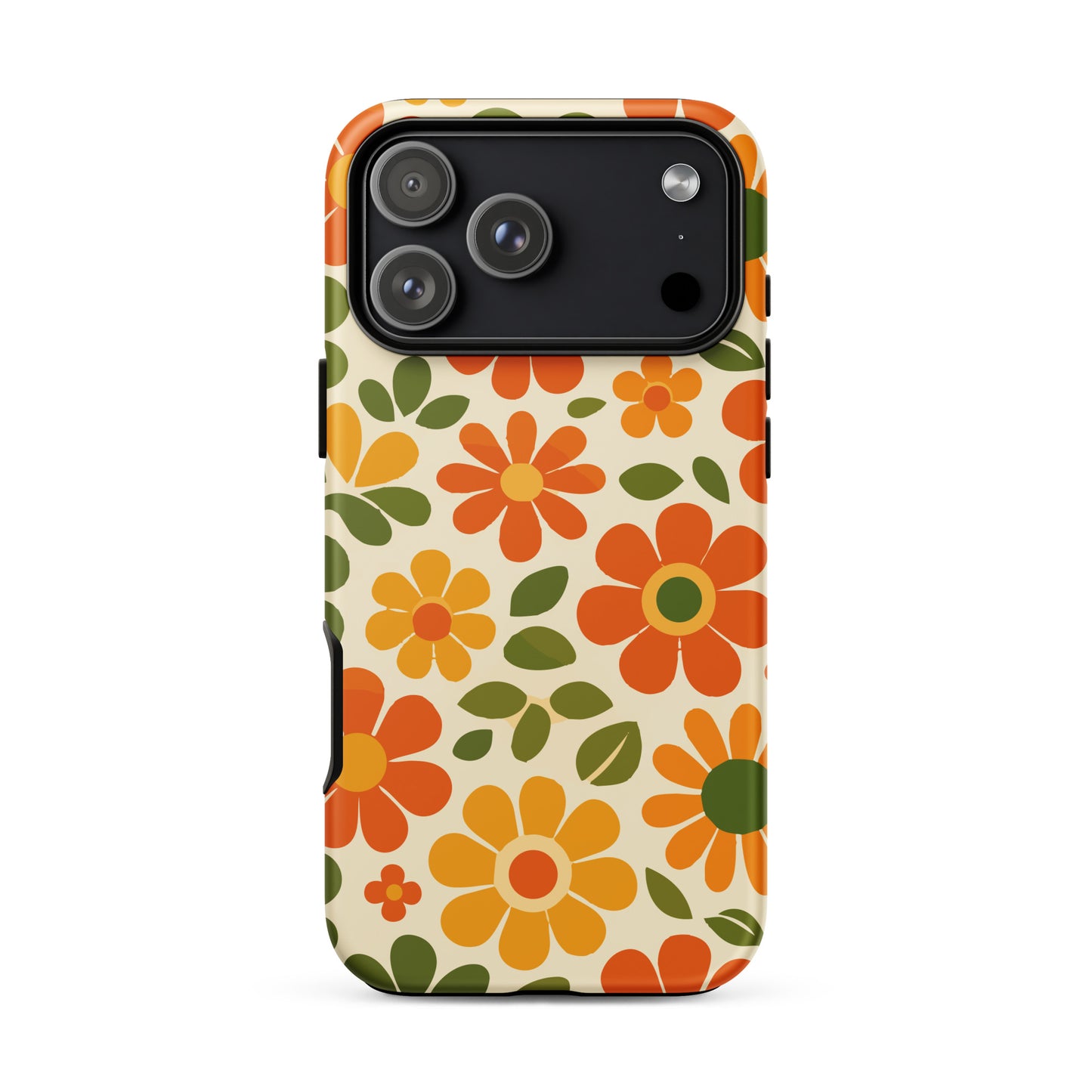 Groovy 1970s retro flower power pattern on a protective thermoplastic polyurethane TPU iPhone case with orange daisies.