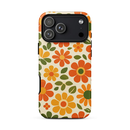 Groovy 1970s retro flower power pattern on a protective thermoplastic polyurethane TPU iPhone case with orange daisies.