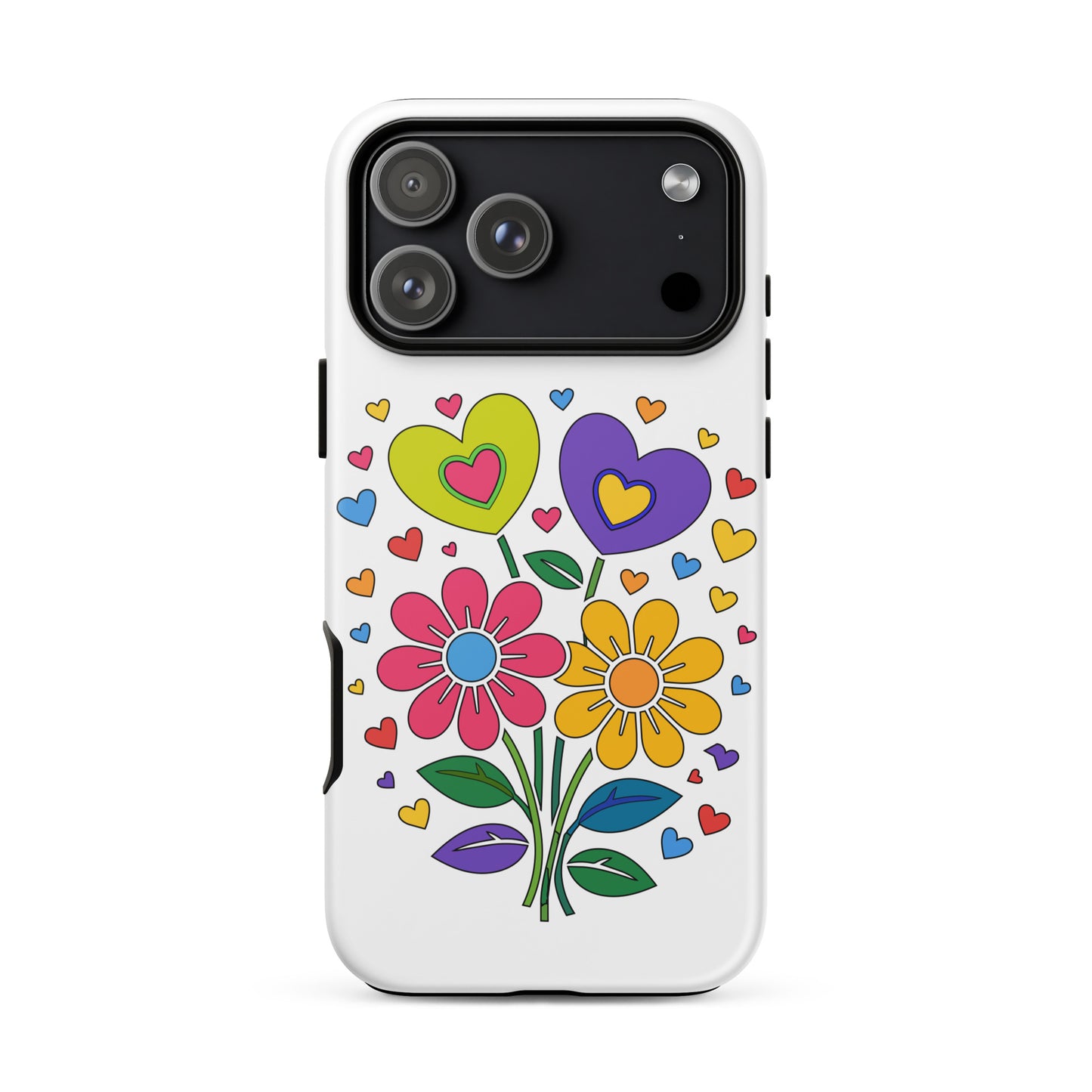 Bright 70s retro style illustration of pink and yellow daisy flowers with colorful heart bouquets, faroutgoods
