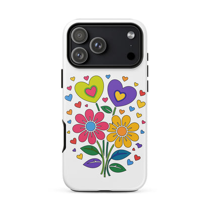 Bright 70s retro style illustration of pink and yellow daisy flowers with colorful heart bouquets, faroutgoods