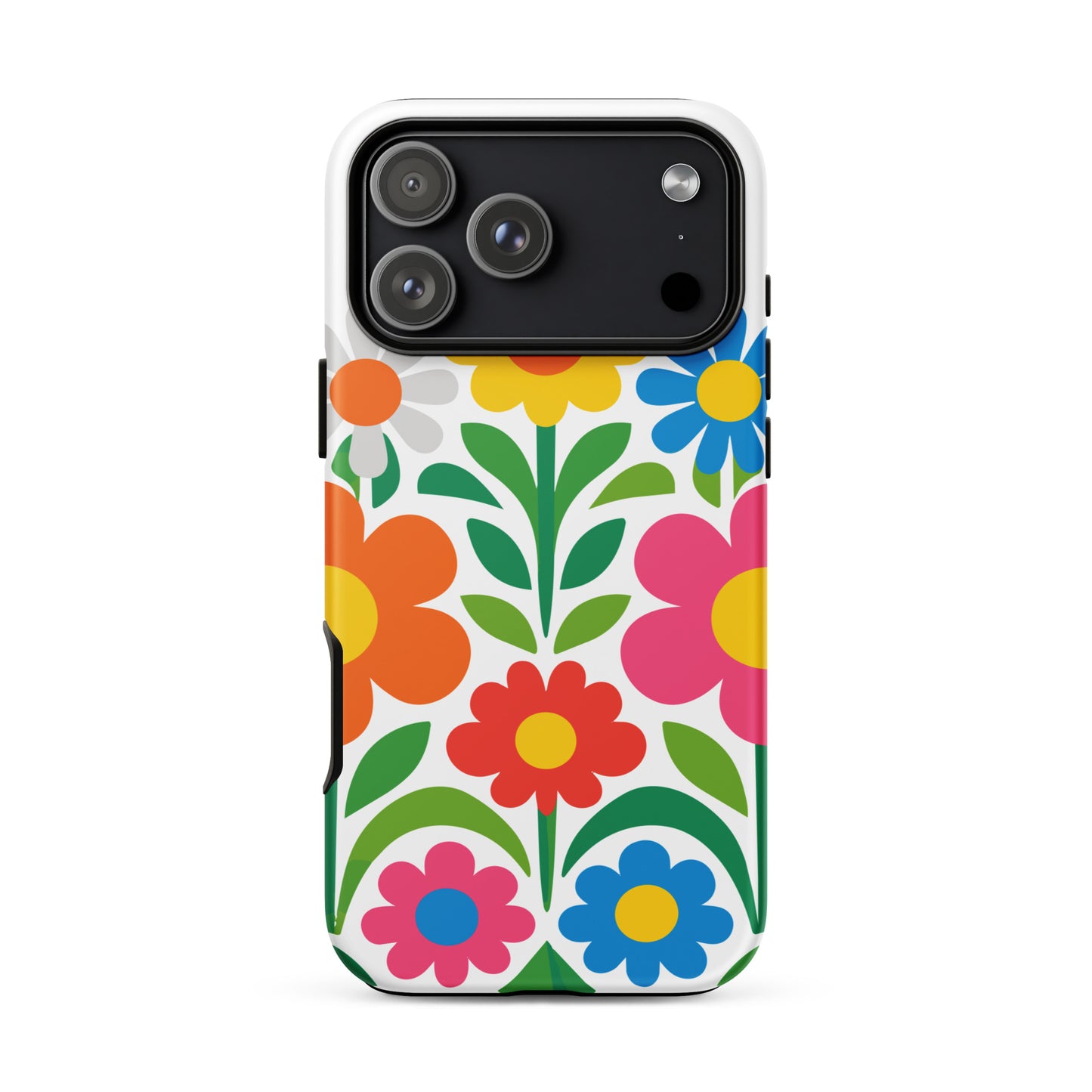Vibrant 70s style retro flower power design with colorful daisies and hearts on a protective TPU iPhone case.