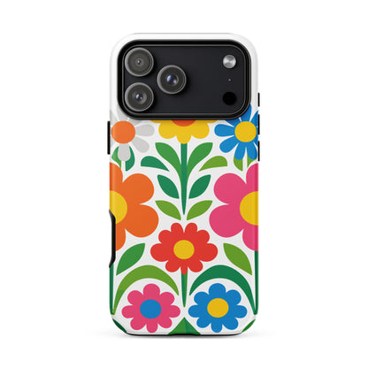 Vibrant 70s style retro flower power design with colorful daisies and hearts on a protective TPU iPhone case.