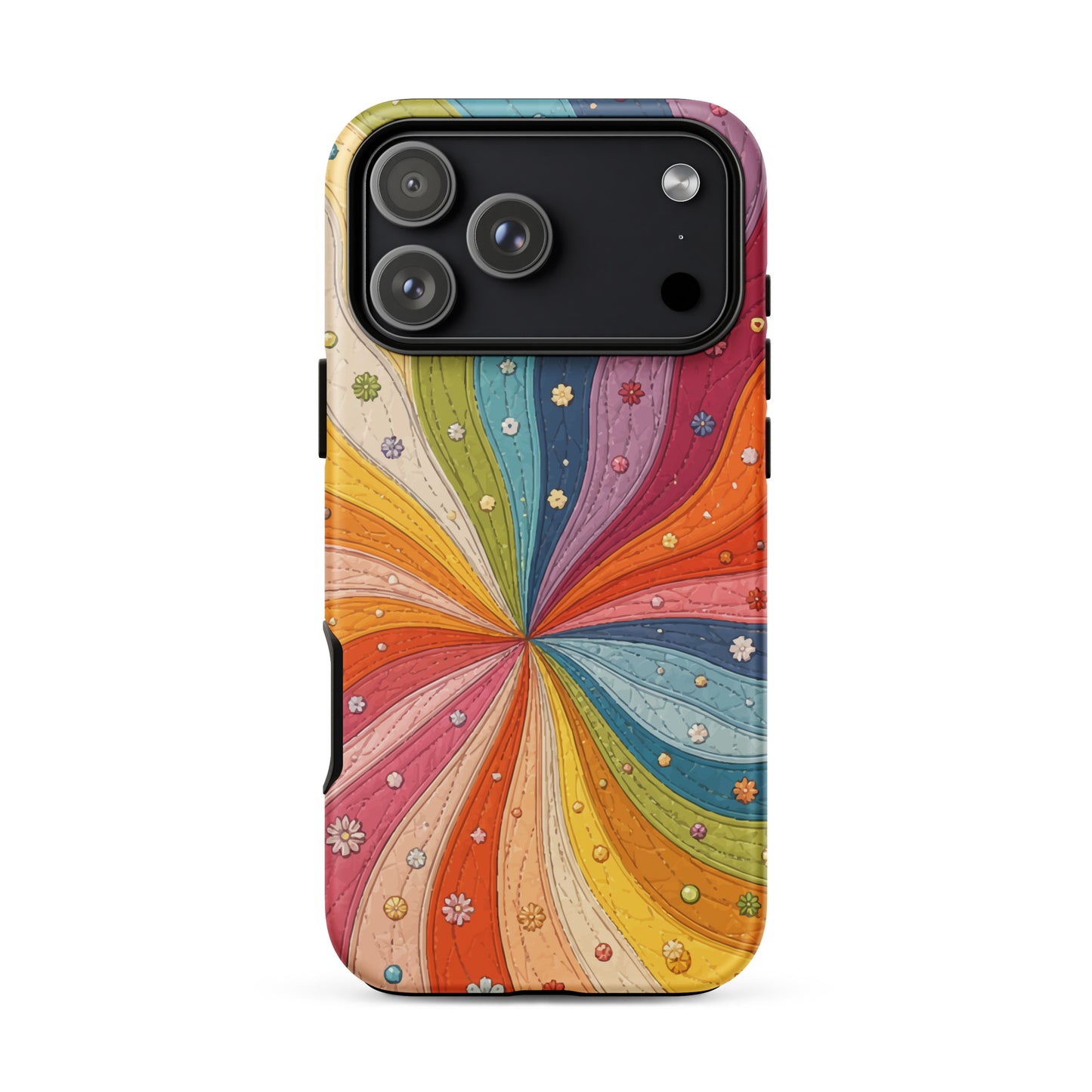 Flexible TPU iPhone case featuring a vibrant retro 70s quilted rainbow swirl design with stitched details and tiny flowers.