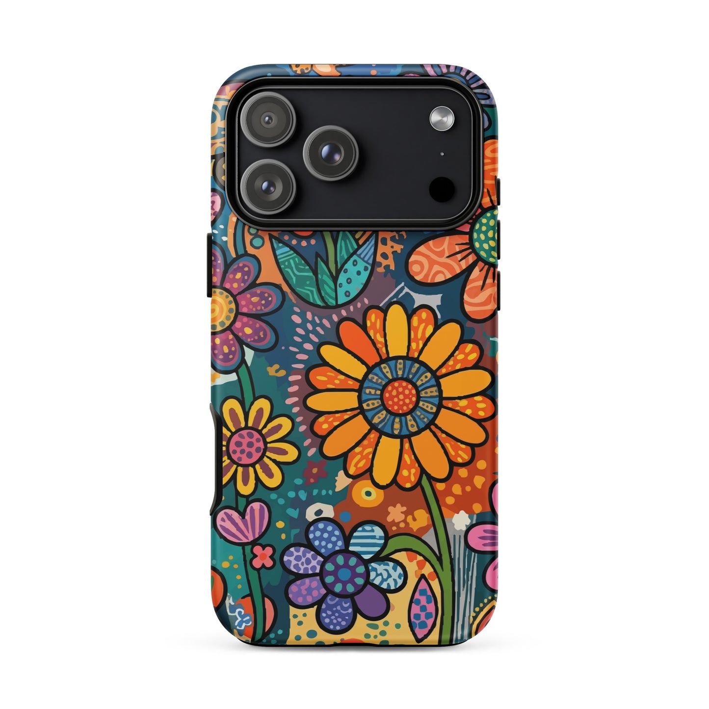 Retro psychedelic TPU iPhone case featuring colorful 60s flower power patterns, vibrant hearts, and boho doodle art.