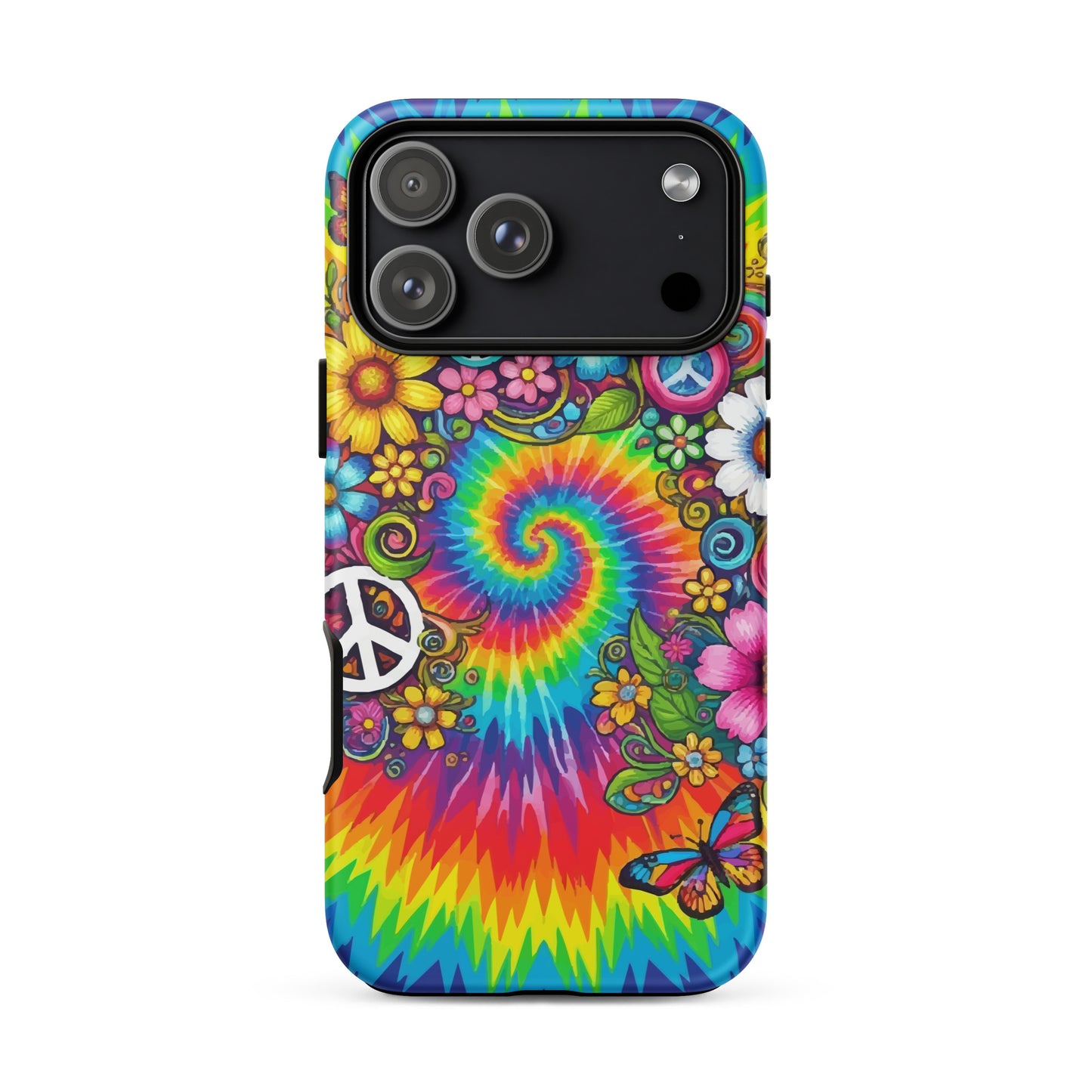 Vibrant psychedelic tie dye TPU iPhone case featuring retro floral patterns, butterflies, and white peace signs.