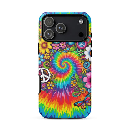 Vibrant psychedelic tie dye TPU iPhone case featuring retro floral patterns, butterflies, and white peace signs.