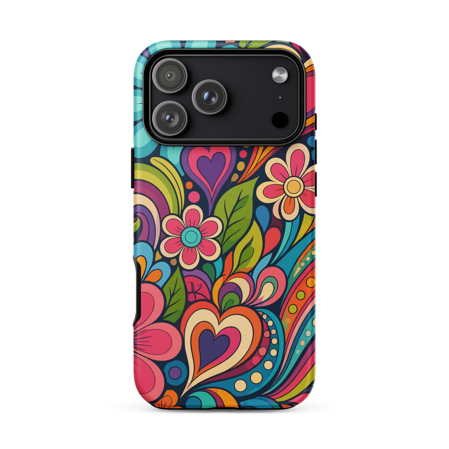Vibrant retro psychedelic flower power design with colorful hearts, swirls, and daisies on a protective TPU iPhone case.