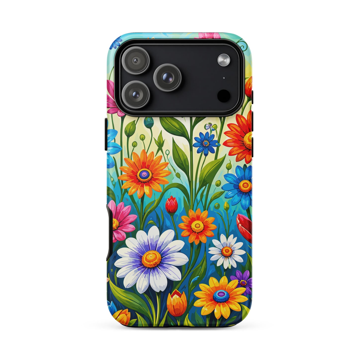 Vibrant retro flower power design featuring colorful daisies, blue, orange, and purple psychedelic boho garden artwork.