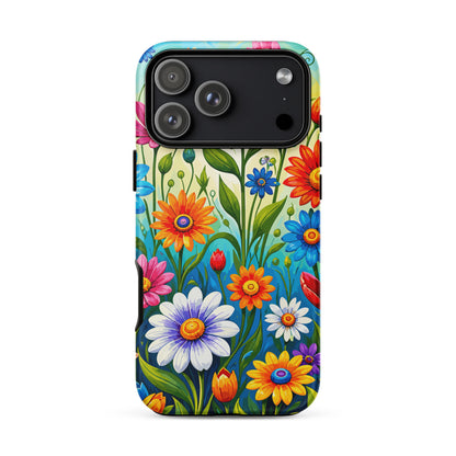 Vibrant retro flower power design featuring colorful daisies, blue, orange, and purple psychedelic boho garden artwork.