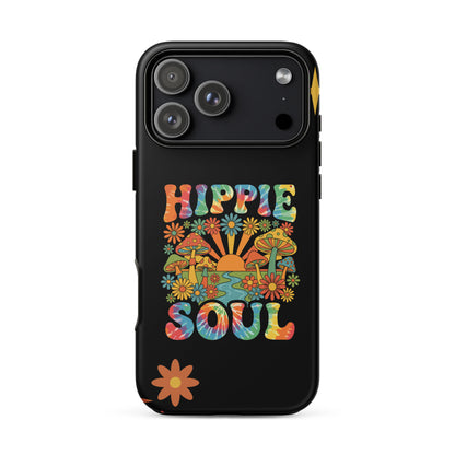 Retro Hippie Soul TPU iPhone case featuring colorful mushrooms, daisies, sunburst, and tie-dye lettering.