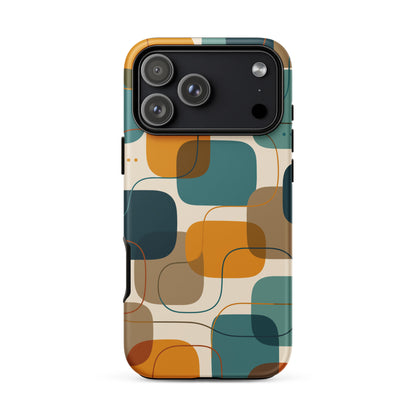 Retro geometric TPU iPhone case featuring mid-century rounded squares and lines in teal, mustard yellow, and orange.