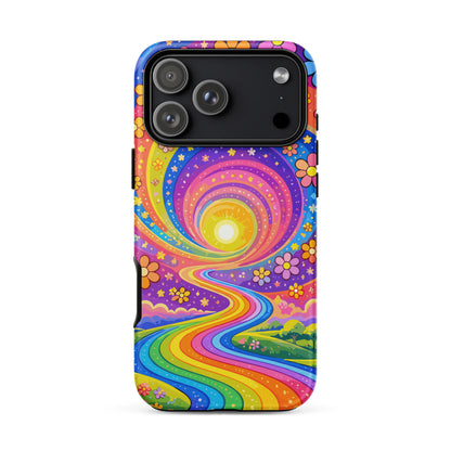 Psychedelic iPhone case featuring a vibrant rainbow road winding through green hills with colorful daisy flowers