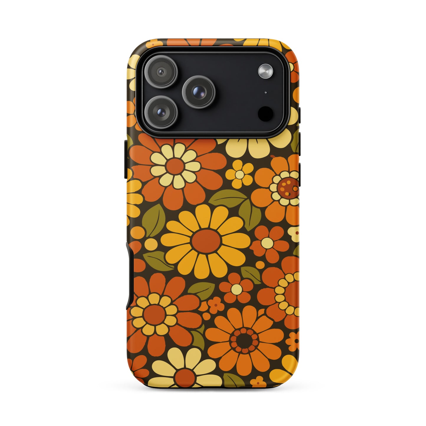 Retro 70s floral pattern with orange, yellow, and white daisies printed on a flexible clear TPU iPhone case.