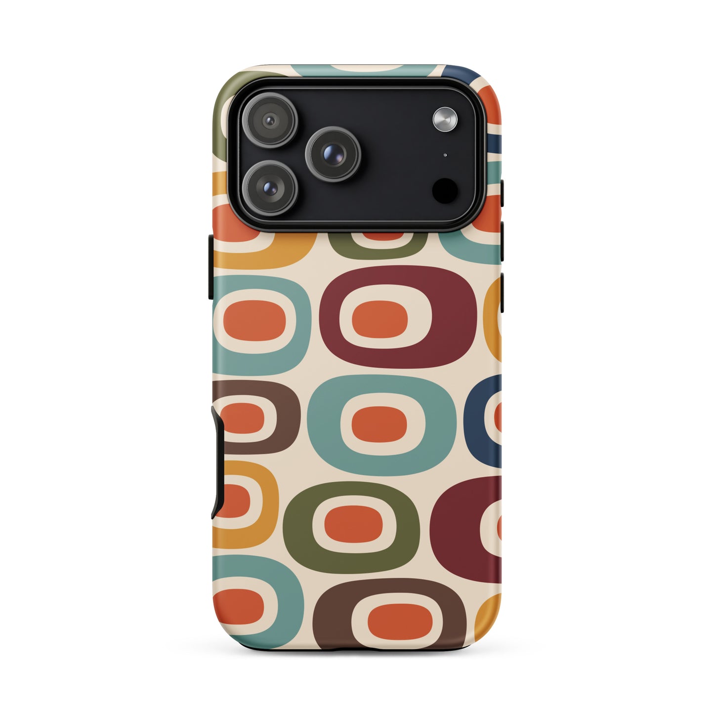 Retro 1970s mid-century modern geometric oval pattern TPU iPhone case featuring colorful mustard, orange, teal, and navy shapes