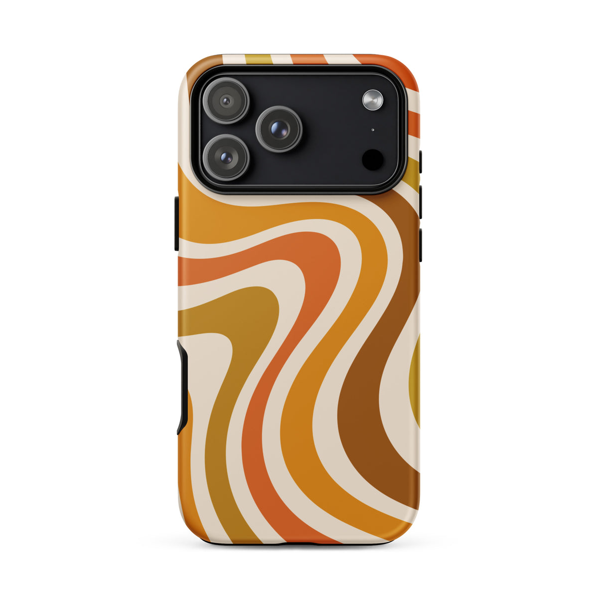 Retro 70s groovy wavy pattern in orange, mustard, brown, and cream printed on a flexible TPU iPhone protective case.