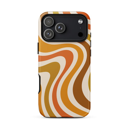 Retro 70s groovy wavy pattern in orange, mustard, brown, and cream printed on a flexible TPU iPhone protective case.