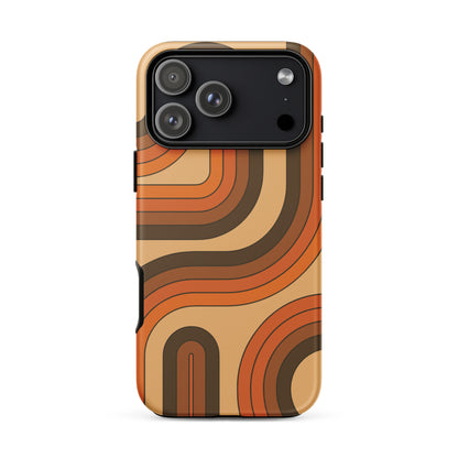 Retro 70s curved stripe pattern in earth tones, brown, and orange printed on a durable TPU flexible iPhone case.