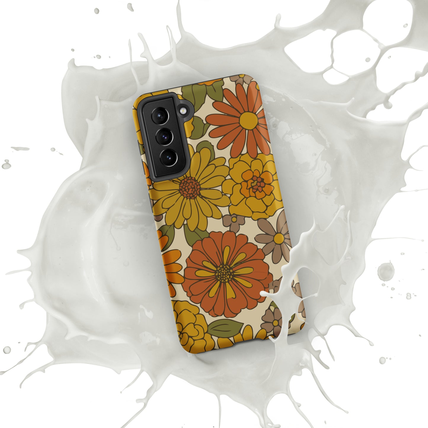 A flexible TPU Samsung Galaxy case featuring a seamless retro groovy floral pattern with warm orange and yellow daisies.