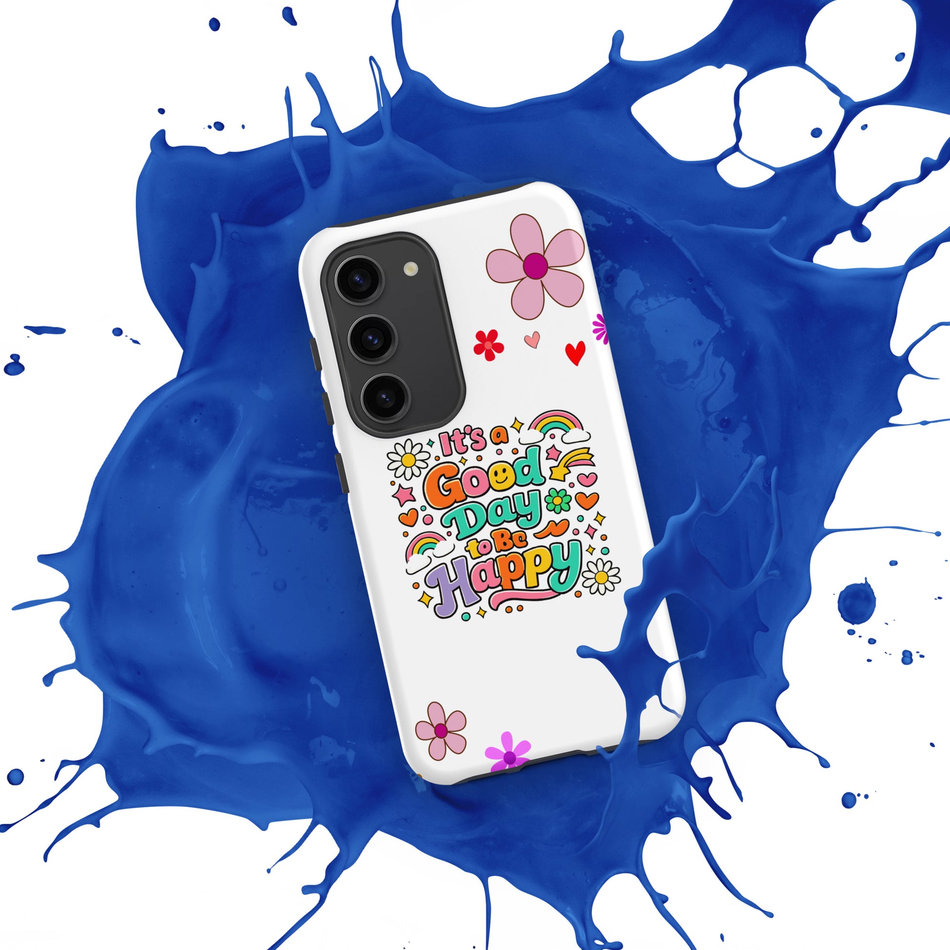 Vibrant retro typography "It’s a Good Day to Be Happy" with rainbows and daisies on a black Samsung Galaxy phone case.