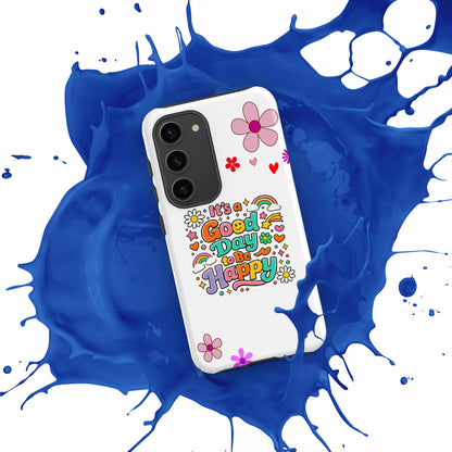 Vibrant retro typography "It’s a Good Day to Be Happy" with rainbows and daisies on a black Samsung Galaxy phone case.