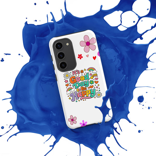 Vibrant retro typography "It’s a Good Day to Be Happy" with rainbows and daisies on a black Samsung Galaxy phone case.