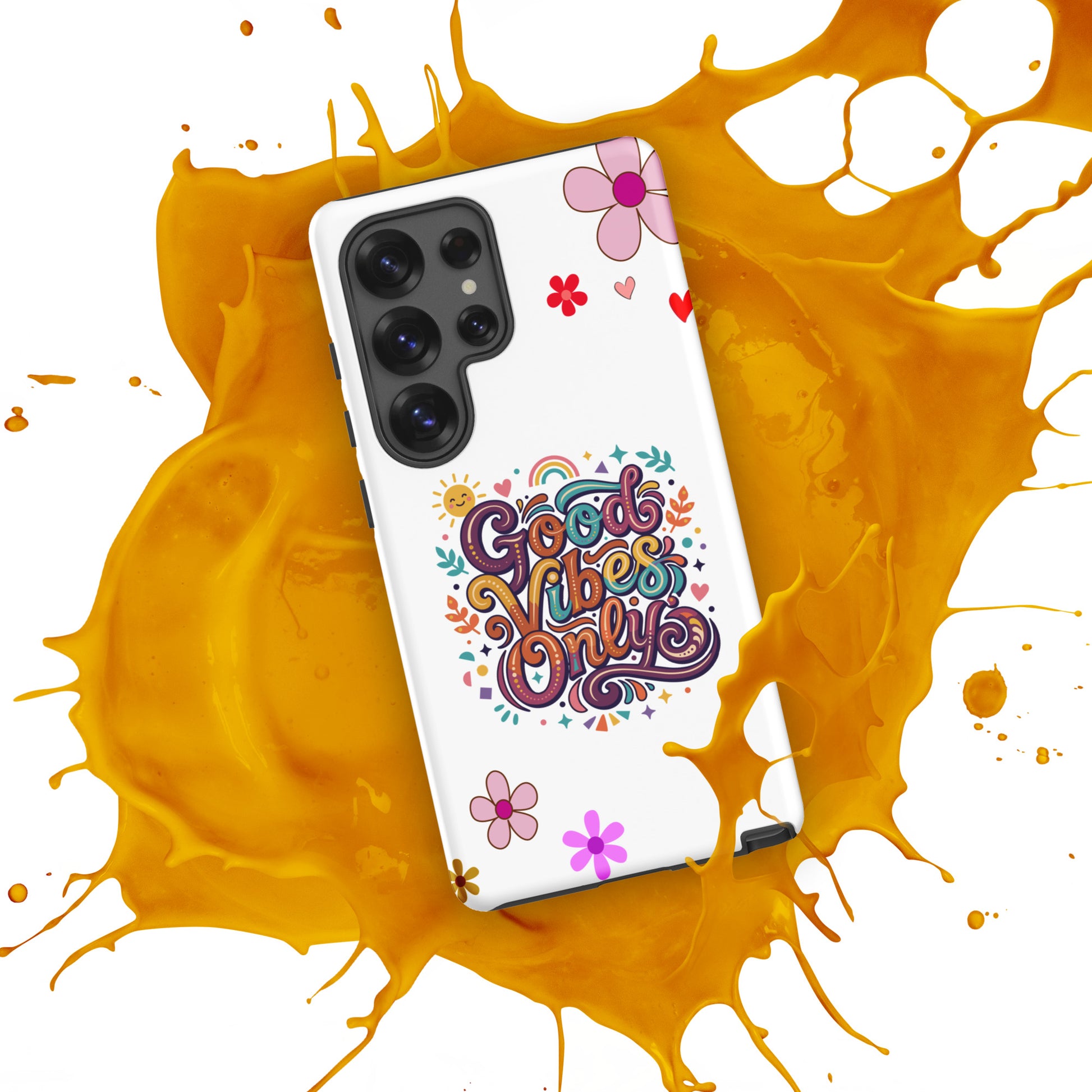 Samsung Galaxy case with 'Good Vibes Only' groovy text, rainbows, and sun illustrations in a 70s psychedelic style.