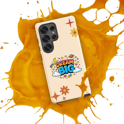 Retro cosmic Dream Big design with stars, planets, and clouds in vibrant colors on a black Samsung Galaxy phone case.