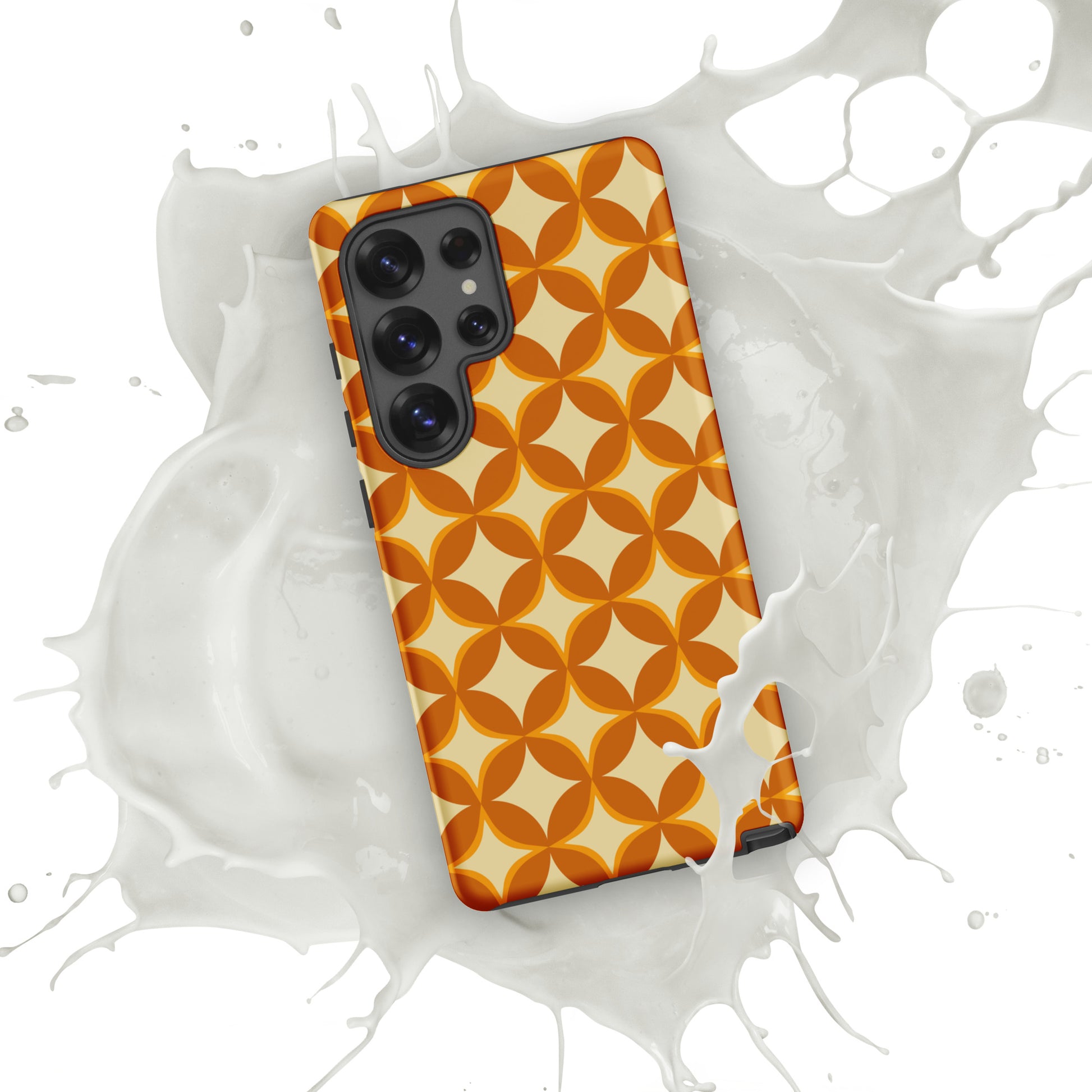 Protective Samsung Galaxy phone case featuring a 1970s retro geometric pattern of orange and mustard petal shapes.