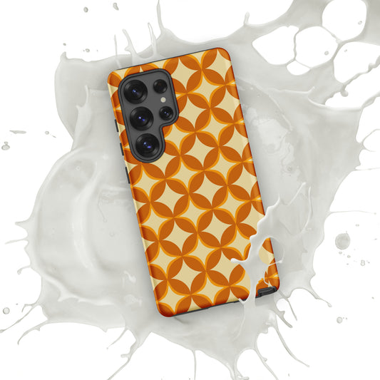 Protective Samsung Galaxy phone case featuring a 1970s retro geometric pattern of orange and mustard petal shapes.