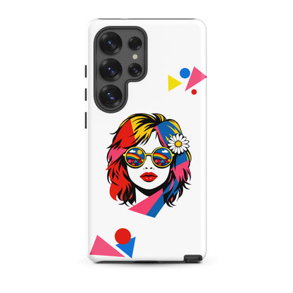 Retro pop art woman with rainbow sunglasses and a daisy hair accessory on a Samsung Galaxy phone case.
